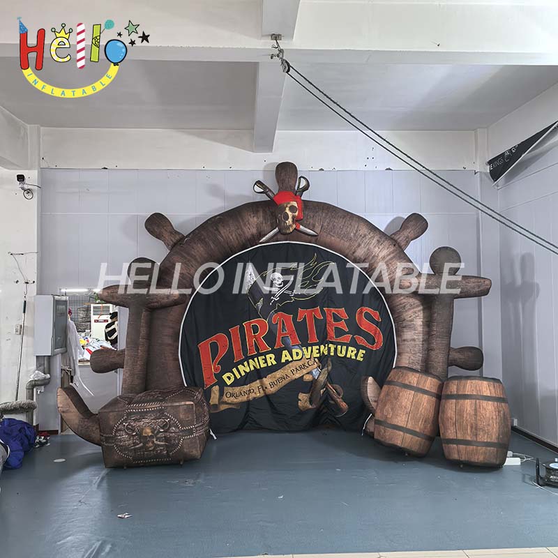 Giant Custom Inflatable Pirate Ship Wheel Photo Backdrop, Large Pirate-Themed Archway with Treasure Chest for Dinner Show and Event Decoration