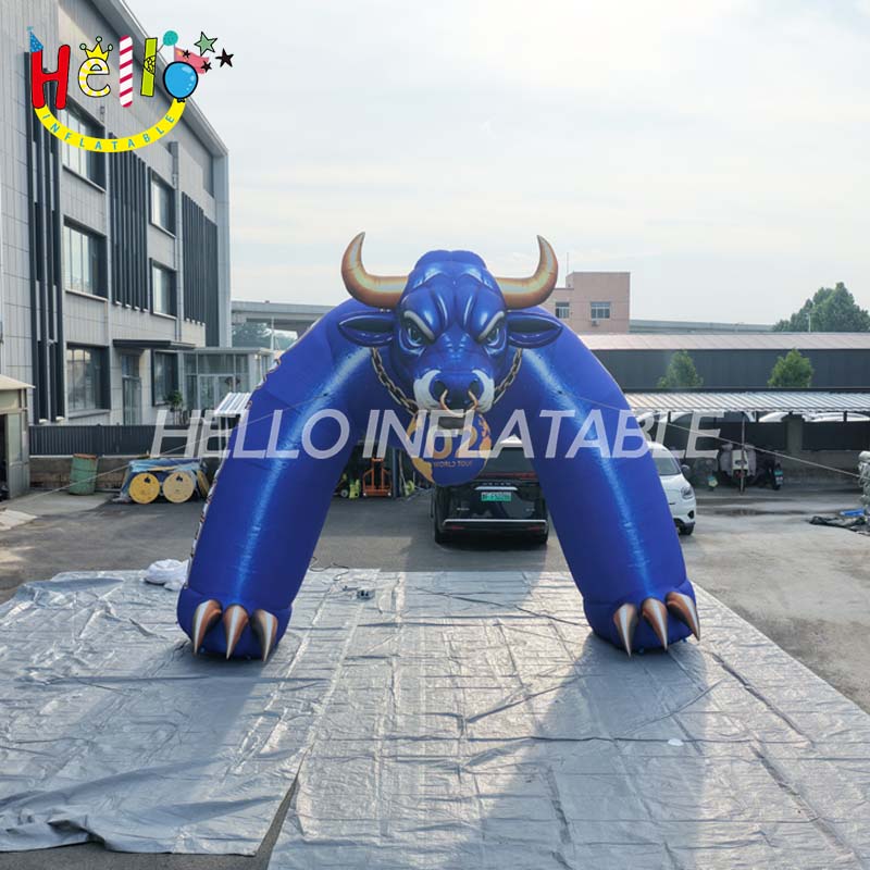 Giant Custom Inflatable Bull Archway with Glowing Eyes and Horns, Large Blue Sports Team Entrance for Events and Advertising