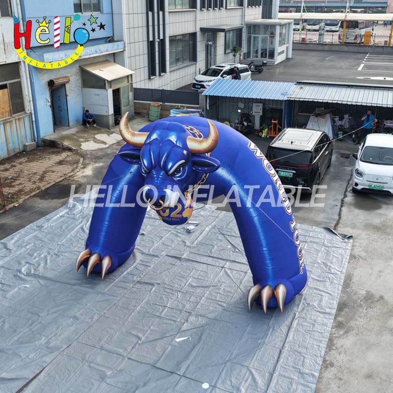 Giant Custom Inflatable Bull Archway with Glowing Eyes and Horns, Large Blue Sports Team Entrance for Events and Advertising