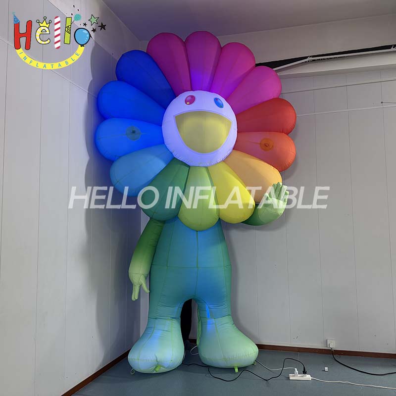 Giant LED Inflatable Smiling Flower Costume, Wearable Murakami-Style Rainbow Petal Mascot for Art Exhibition and Event Promotion