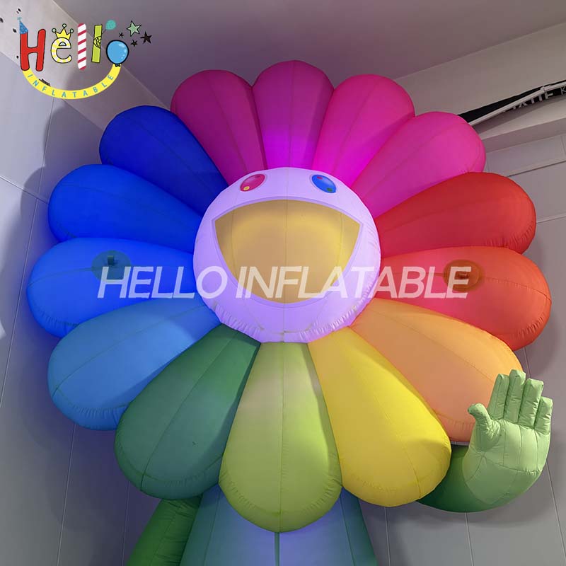 Giant LED Inflatable Smiling Flower Costume, Wearable Murakami-Style Rainbow Petal Mascot for Art Exhibition and Event Promotion