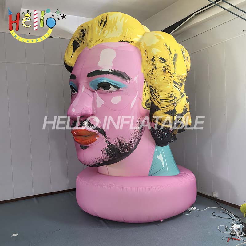 Giant Custom Inflatable Pop Art Head Sculpture with Blonde Curls and Beard, Large Pink Celebrity Face Mascot for Art Exhibition and Event Decoration