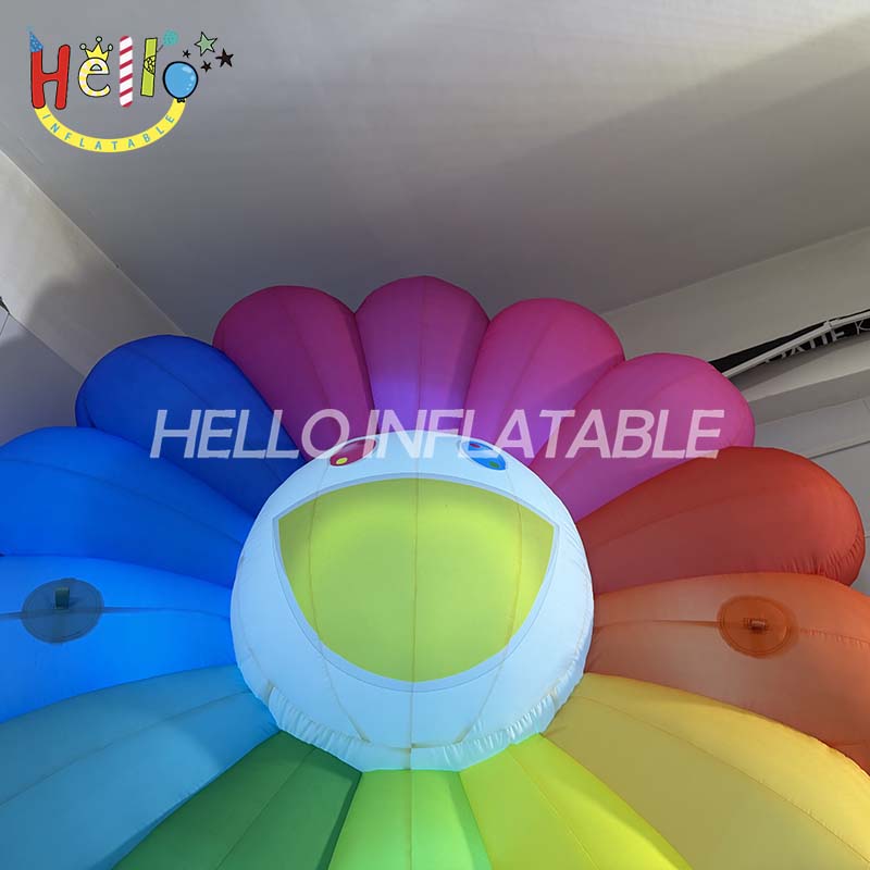 Giant LED Inflatable Smiling Flower Costume, Wearable Murakami-Style Rainbow Petal Mascot for Art Exhibition and Event Promotion