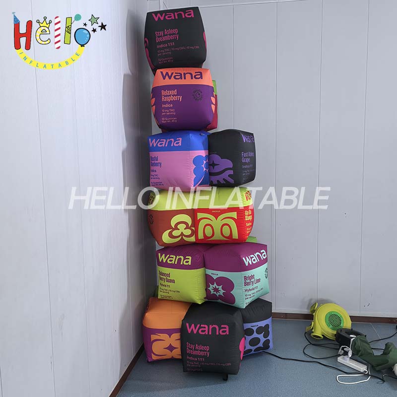 Giant Custom Inflatable Cannabis Gummy Packaging Cubes, Large Branded Edible Product Replicas for Dispensary Display and Trade Show Promotion