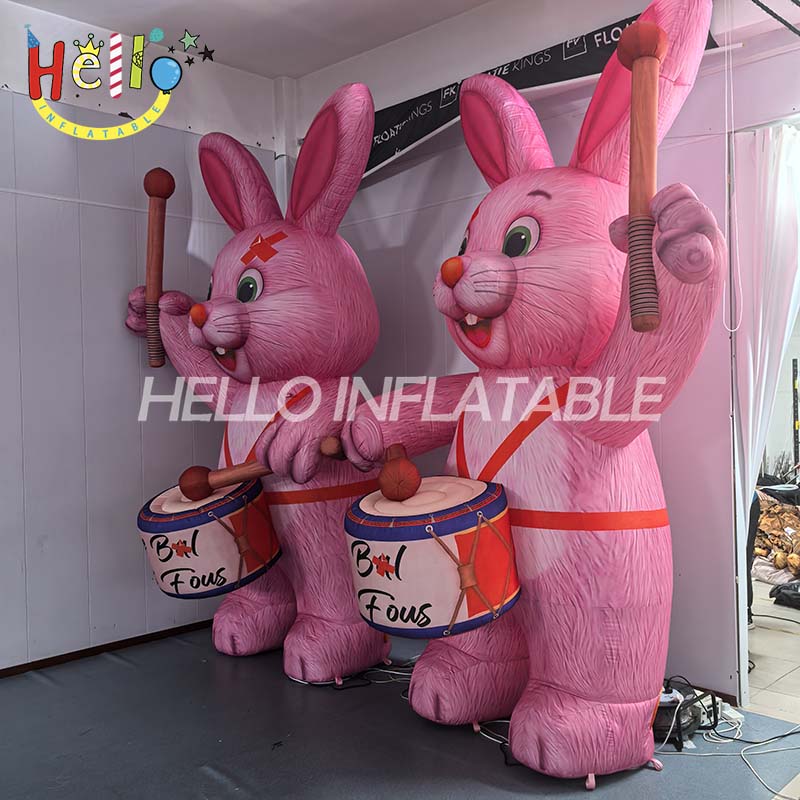 Giant Custom Inflatable Pink Rabbit Drummers, Large Carnival Bunny Musicians with Drums for French Theme Event and Festival Decoration