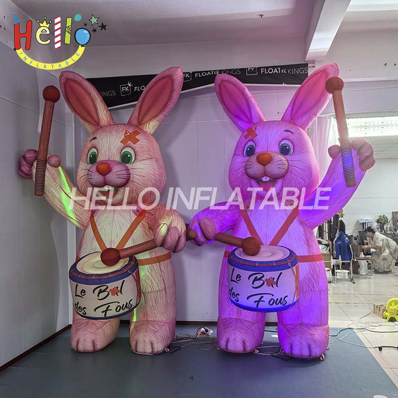 Giant Custom Inflatable Pink Rabbit Drummers, Large Carnival Bunny Musicians with Drums for French Theme Event and Festival Decoration