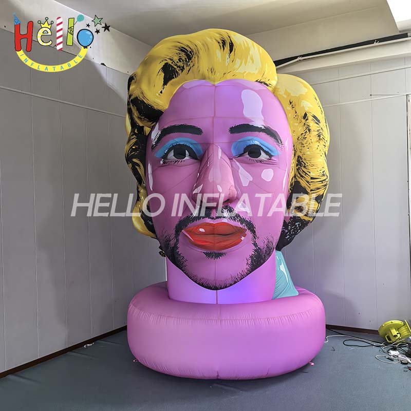 Giant Custom Inflatable Pop Art Head Sculpture with Blonde Curls and Beard, Large Pink Celebrity Face Mascot for Art Exhibition and Event Decoration