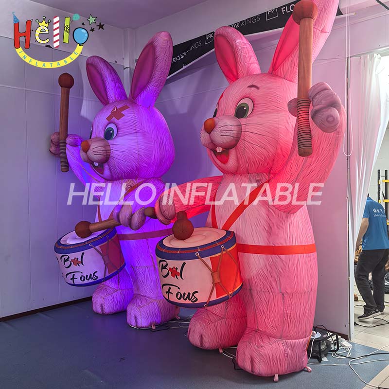 Giant Custom Inflatable Pink Rabbit Drummers, Large Carnival Bunny Musicians with Drums for French Theme Event and Festival Decoration