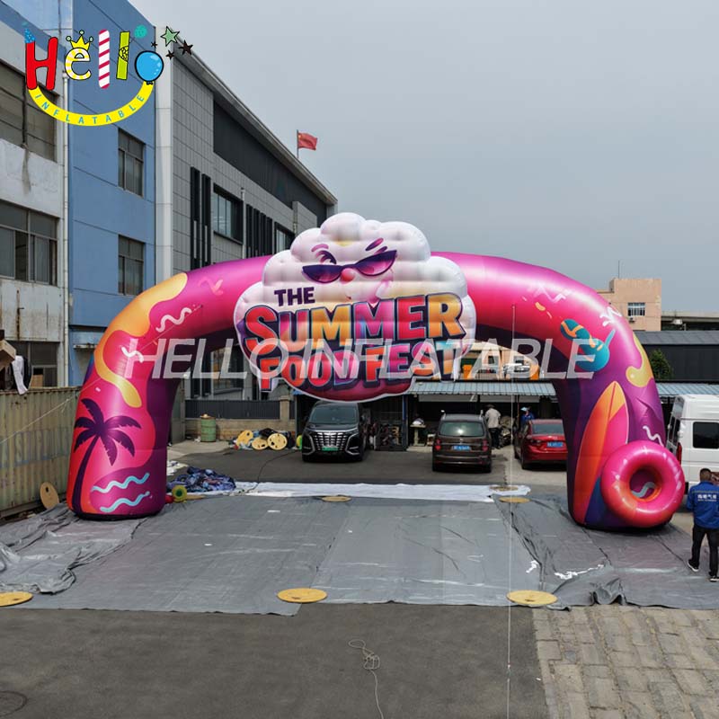 Giant Custom Inflatable Arch for Summer Food Fest, Colorful Advertising Entrance Archway with Cloud Mascot for Outdoor Events