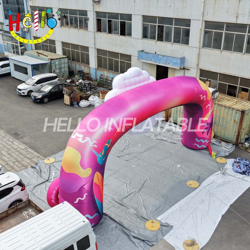 Giant Custom Inflatable Arch for Summer Food Fest, Colorful Advertising Entrance Archway with Cloud Mascot for Outdoor Events