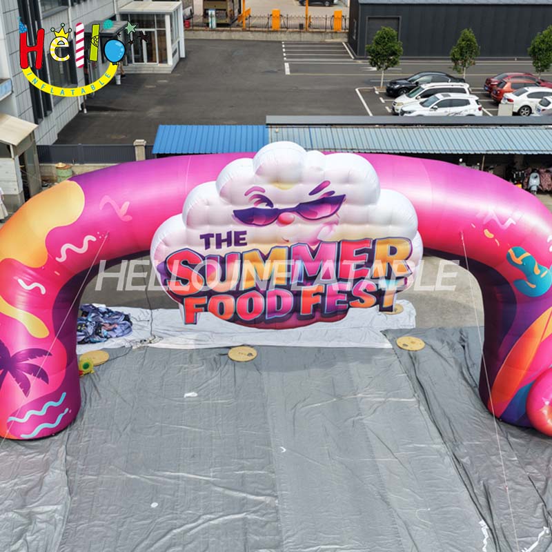 Giant Custom Inflatable Arch for Summer Food Fest, Colorful Advertising Entrance Archway with Cloud Mascot for Outdoor Events