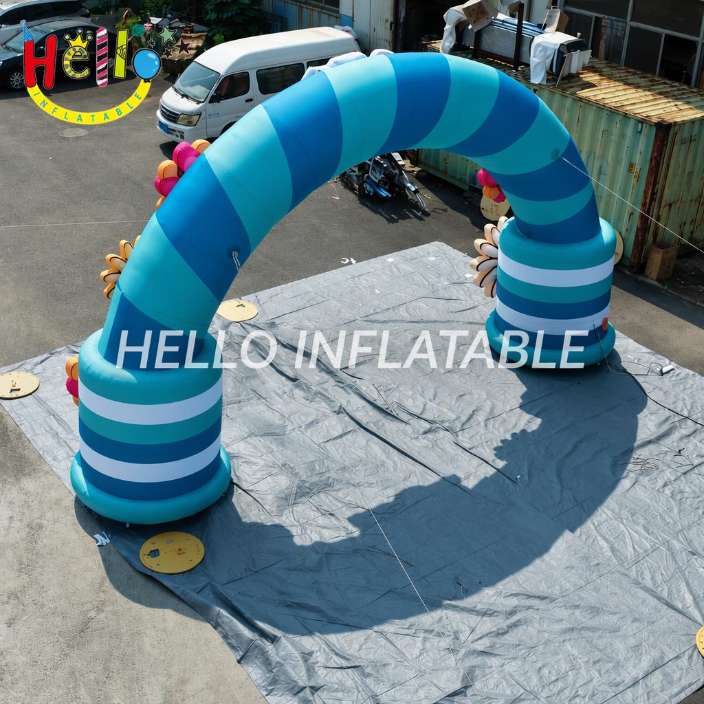Wonderland Fun Fest Theme Blue Striped Entrance Gate With 3D Flowers For Carnival Fair Festival Inflatable Arch