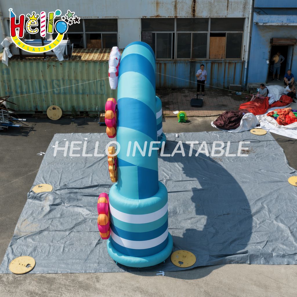 Wonderland Fun Fest Theme Blue Striped Entrance Gate With 3D Flowers For Carnival Fair Festival Inflatable Arch