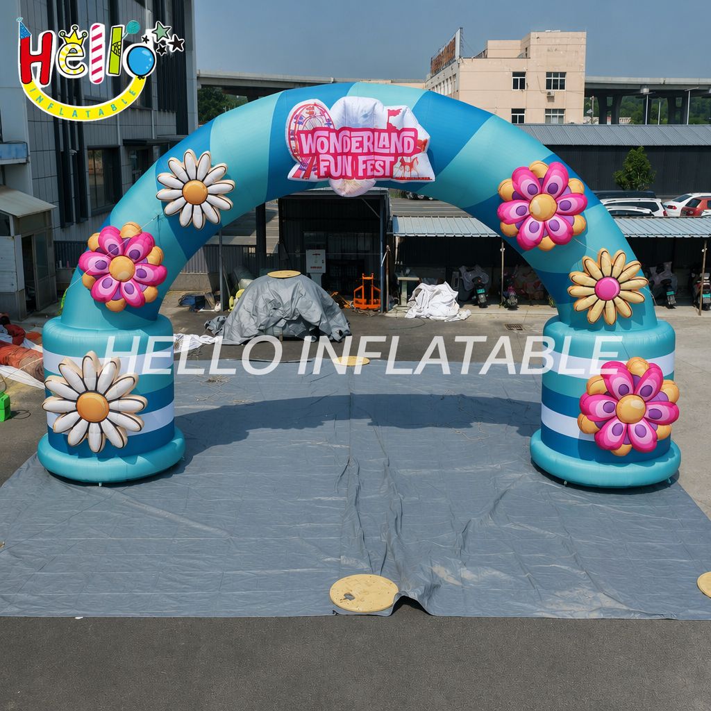 Wonderland Fun Fest Theme Blue Striped Entrance Gate With 3D Flowers For Carnival Fair Festival Inflatable Arch插图 Wonderland Fun Fest Theme Blue Striped Entrance Gate With 3D Flowers For Carnival Fair Festival Inflatable Arch