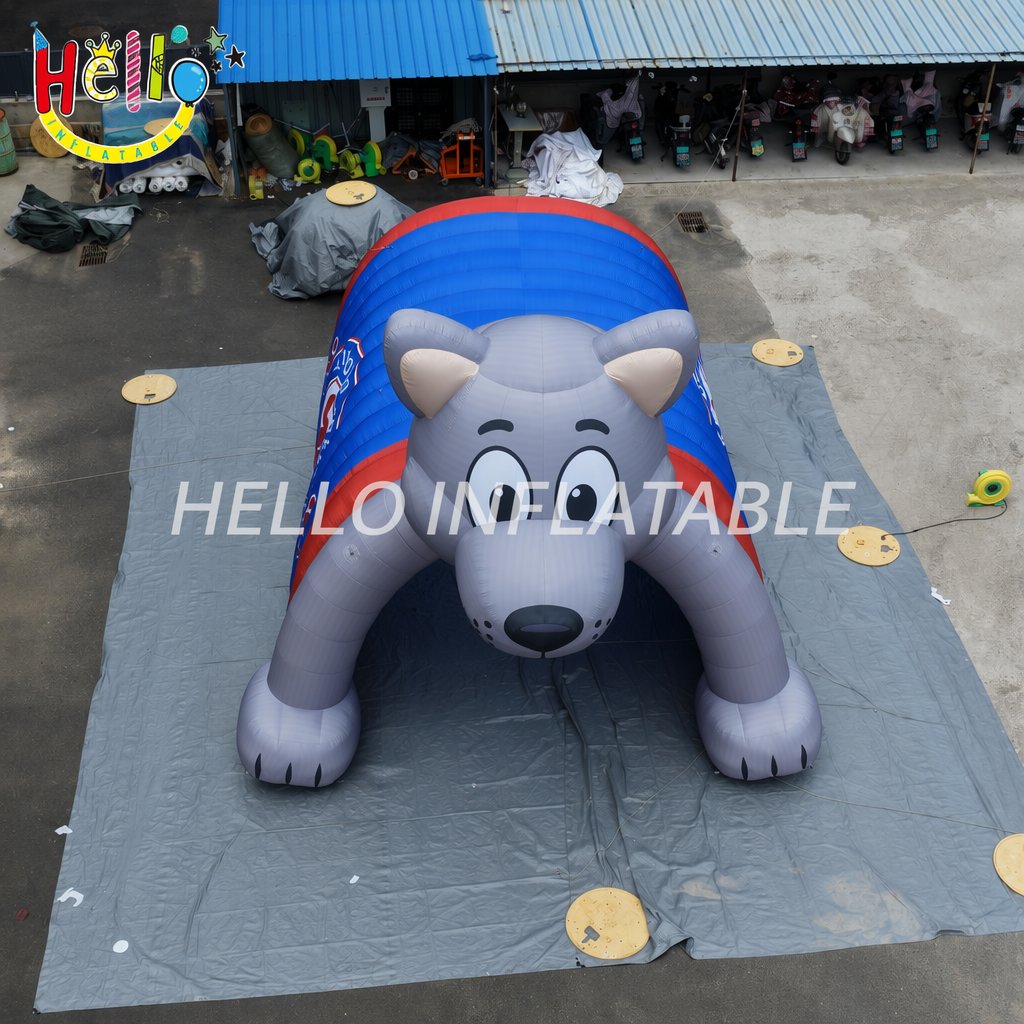 Custom Logo Print Grey Bear Mascot Entrance Archway For Football Rugby Basketball School Sports Inflatable Sports Tunnels