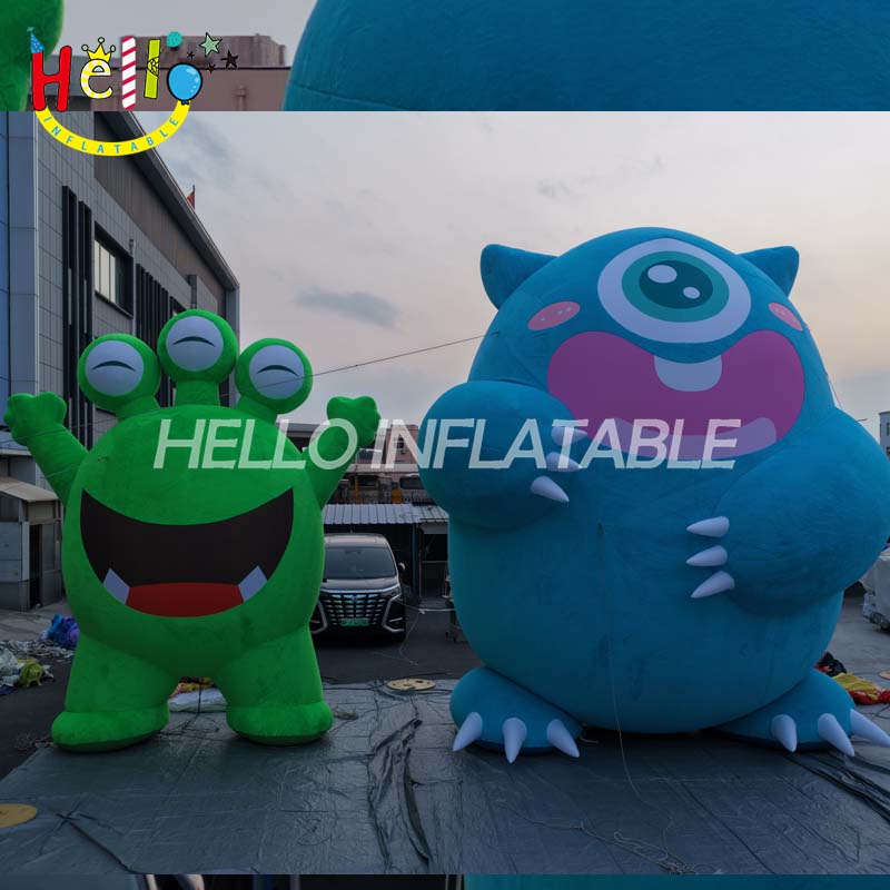 Giant LED Inflatable Monster Mascot Set, Custom Large Green Three-Eyed and Blue One-Eyed Cartoon Creatures for Event Decoration and Advertising