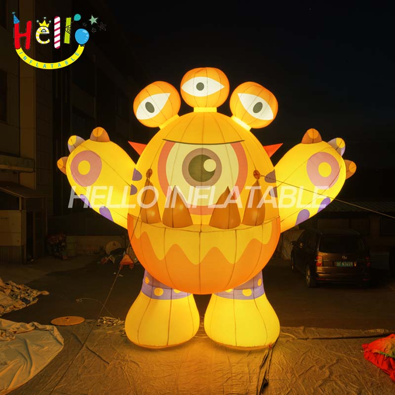 Giant LED Inflatable Multi-Eyed Monster Mascot, Custom Large Yellow Cartoon Alien Creature for Event Decoration and Night Advertising