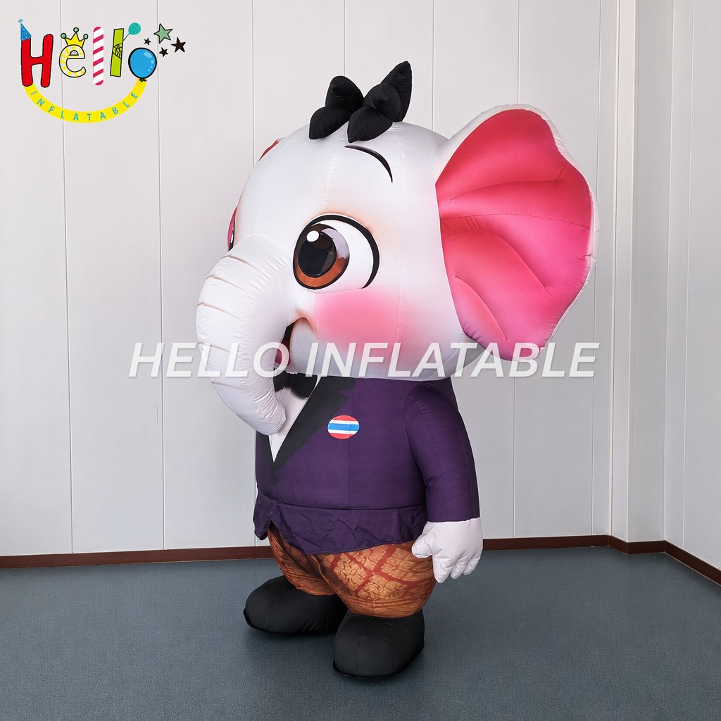 Giant Custom Cartoon White Elephant in Purple Suit Traditional Thai Clothing Walking Act Inflatable Mascot Costume
