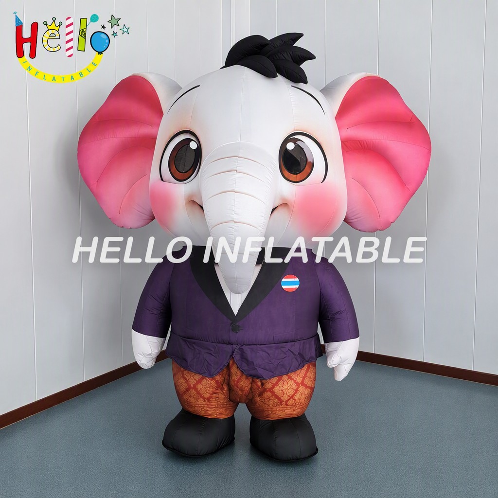 Giant Custom Cartoon White Elephant in Purple Suit Traditional Thai Clothing Walking Act Inflatable Mascot Costume