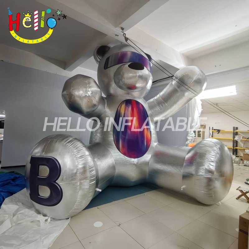 Giant Custom Inflatable Metallic Teddy Bear with Galaxy Belly, Large Futuristic Sci-Fi Bear for Exhibition and Modern Retail Display