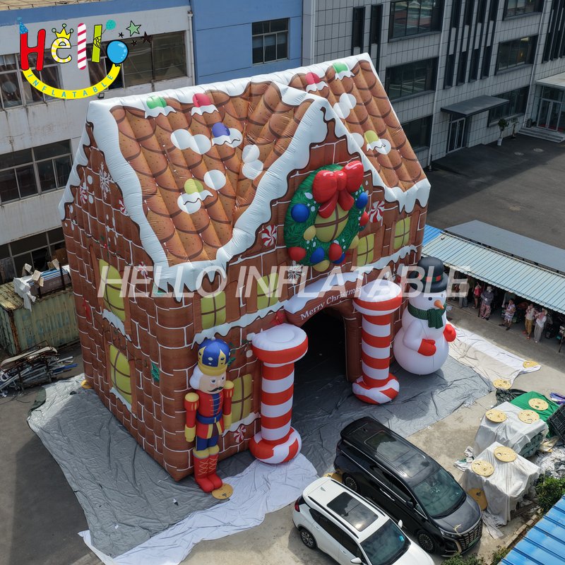 Giant Custom Inflatable Christmas Gingerbread House with Nutcracker and Snowman, Large Holiday Themed Candy House Archway for Mall Decoration and Winter Event Display