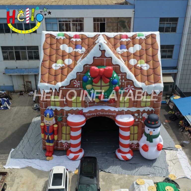 Giant Custom Inflatable Christmas Gingerbread House with Nutcracker and Snowman, Large Holiday Themed Candy House Archway for Mall Decoration and Winter Event Display