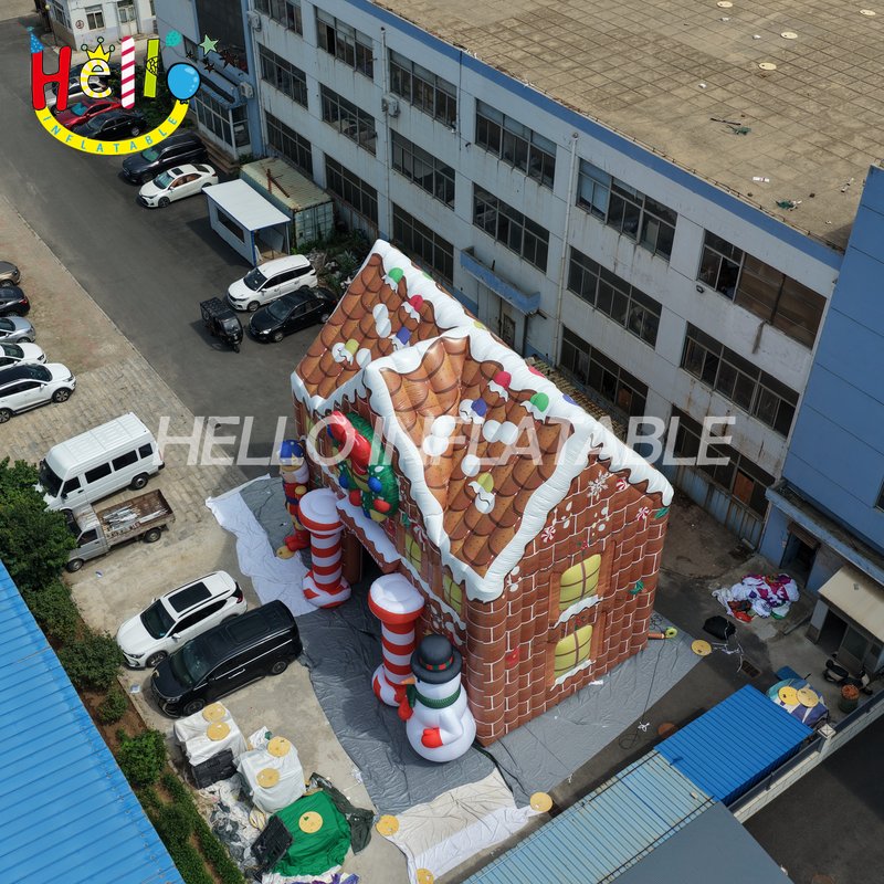 Giant Custom Inflatable Christmas Gingerbread House with Nutcracker and Snowman, Large Holiday Themed Candy House Archway for Mall Decoration and Winter Event Display