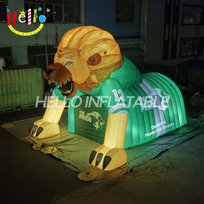 Giant Custom Inflatable Lion Head Sports Tunnel with LED Lighting, Large Run-Through Entrance Arch for Football Games and School Mascots