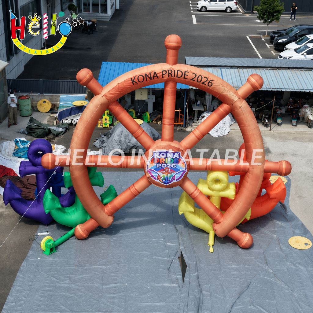 Nautical Theme Ship Wheel Shape Blow Up Entrance With Colorful Anchors For Beach Party Event Advertising Inflatables
