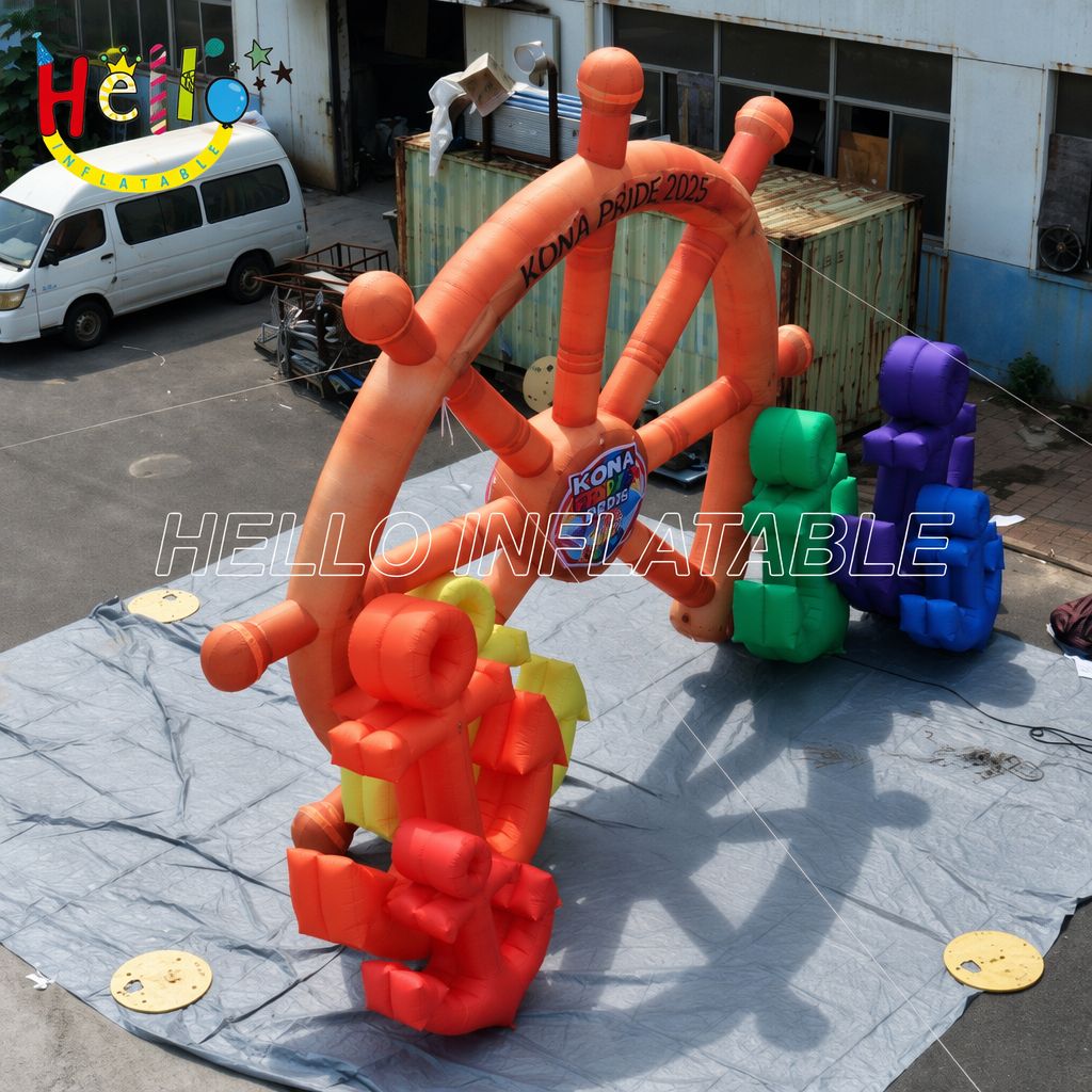Nautical Theme Ship Wheel Shape Blow Up Entrance With Colorful Anchors For Beach Party Event Advertising Inflatables