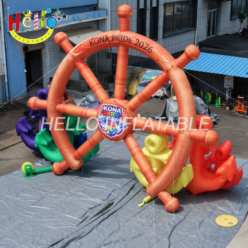 Nautical Theme Ship Wheel Shape Blow Up Entrance With Colorful Anchors For Beach Party Event Advertising Inflatables