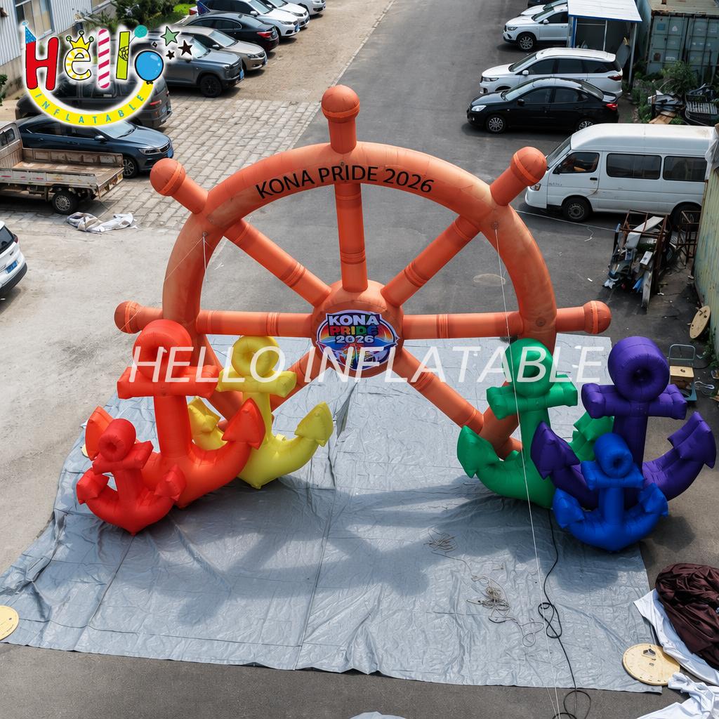 Nautical Theme Ship Wheel Shape Blow Up Entrance With Colorful Anchors For Beach Party Event Advertising Inflatables
