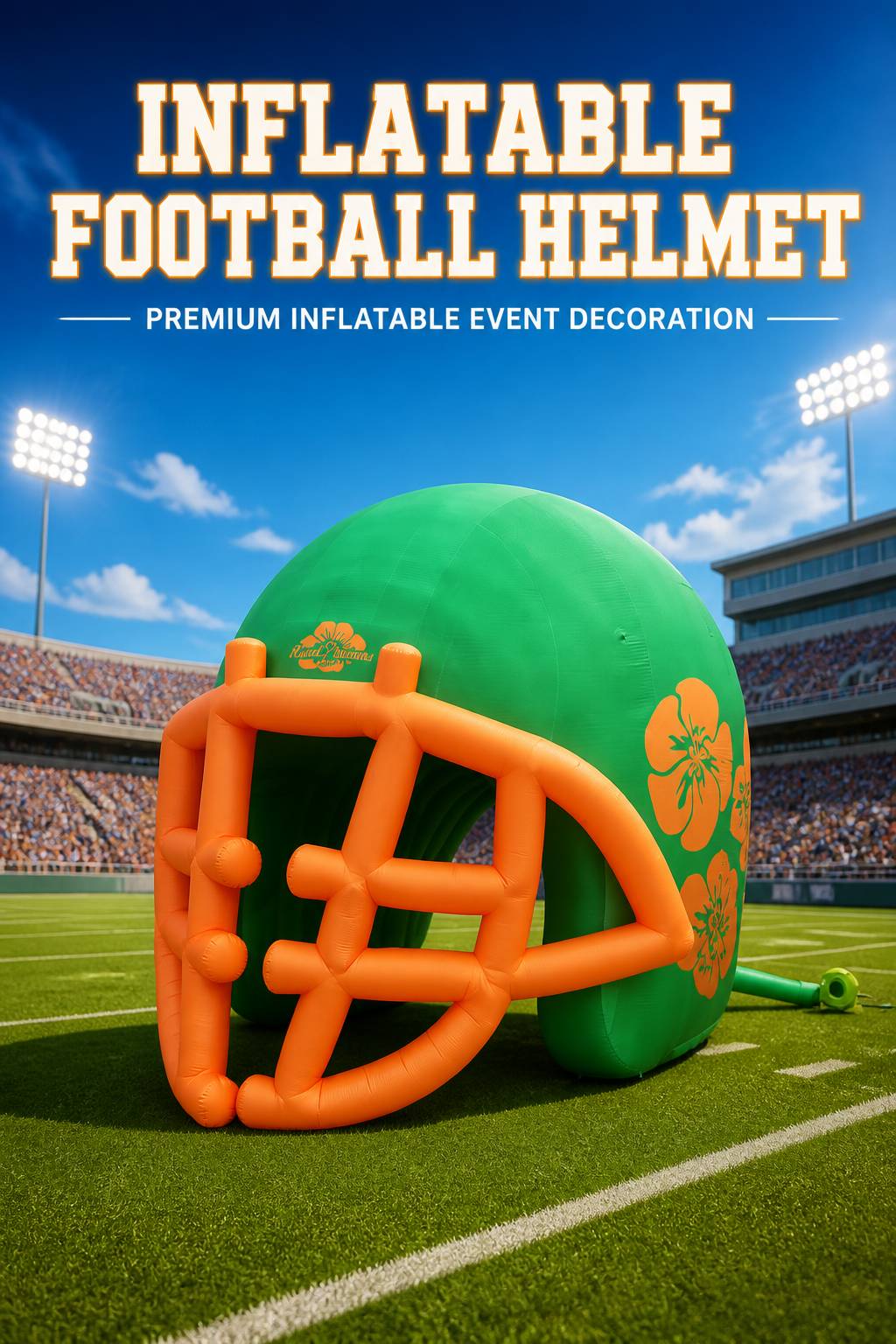 Giant Green Orange Football Helmet Inflatable with Multi Bar Facemask for School Team Game Day Outdoor Decoration插图 Giant Green Orange Football Helmet Inflatable with Multi Bar Facemask for School Team Game Day Outdoor Decoration