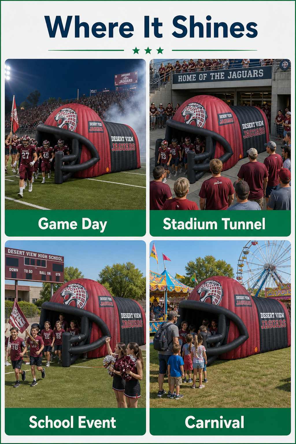Giant Inflatable Football Helmet Tunnel Combo with Jaguar Logo for School Team Game Day Outdoor Decoration插图2 Giant Inflatable Football Helmet Tunnel Combo with Jaguar Logo for School Team Game Day Outdoor Decoration
