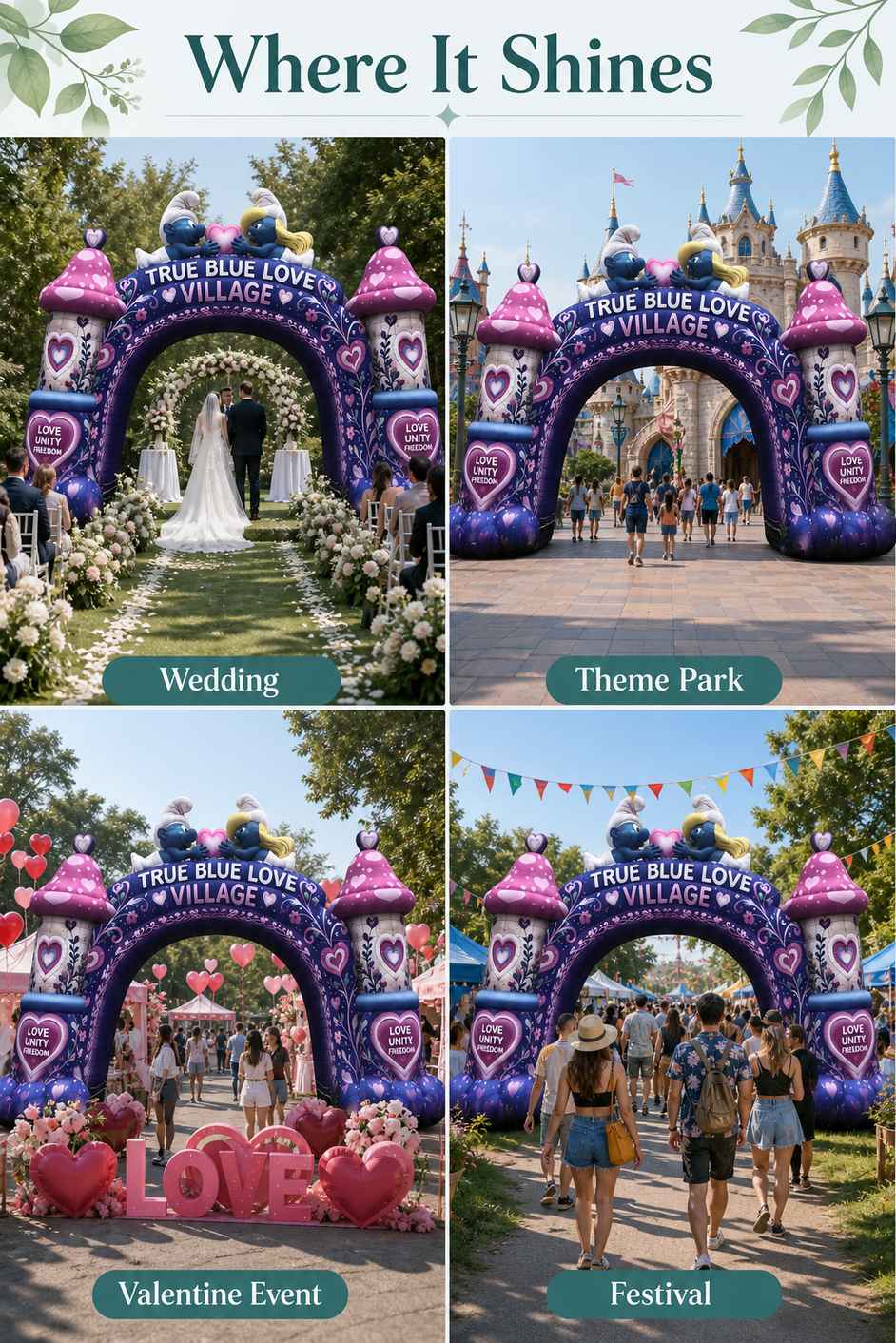 Commercial Grade Custom Print Inflatable Arch with Heart Motif for Valentine Theme Park Brand Activation