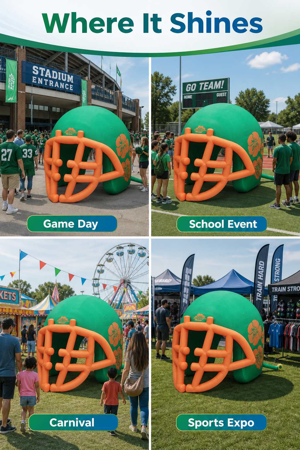Giant Green Orange Football Helmet Inflatable with Multi Bar Facemask for School Team Game Day Outdoor Decoration插图2 Giant Green Orange Football Helmet Inflatable with Multi Bar Facemask for School Team Game Day Outdoor Decoration