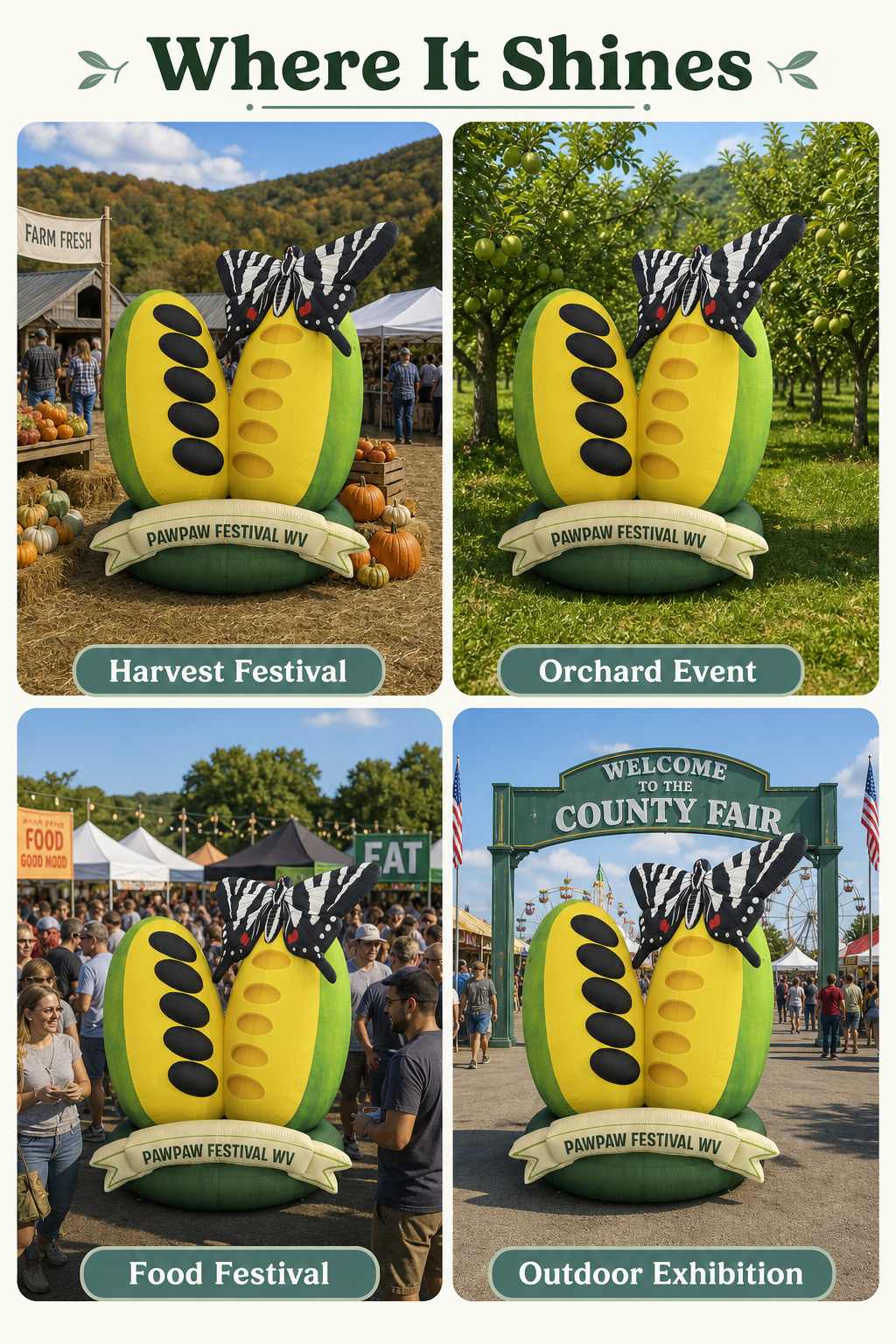 Giant Custom Pawpaw Fruit Inflatable Model with Sliced Interior Seeds for Outdoor Festival Decoration Display插图2 Giant Custom Pawpaw Fruit Inflatable Model with Sliced Interior Seeds for Outdoor Festival Decoration Display