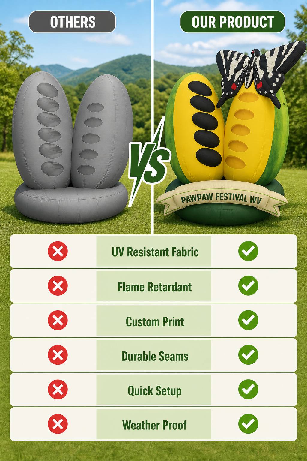 Giant Custom Pawpaw Fruit Inflatable Model with Sliced Interior Seeds for Outdoor Festival Decoration Display插图3 Giant Custom Pawpaw Fruit Inflatable Model with Sliced Interior Seeds for Outdoor Festival Decoration Display