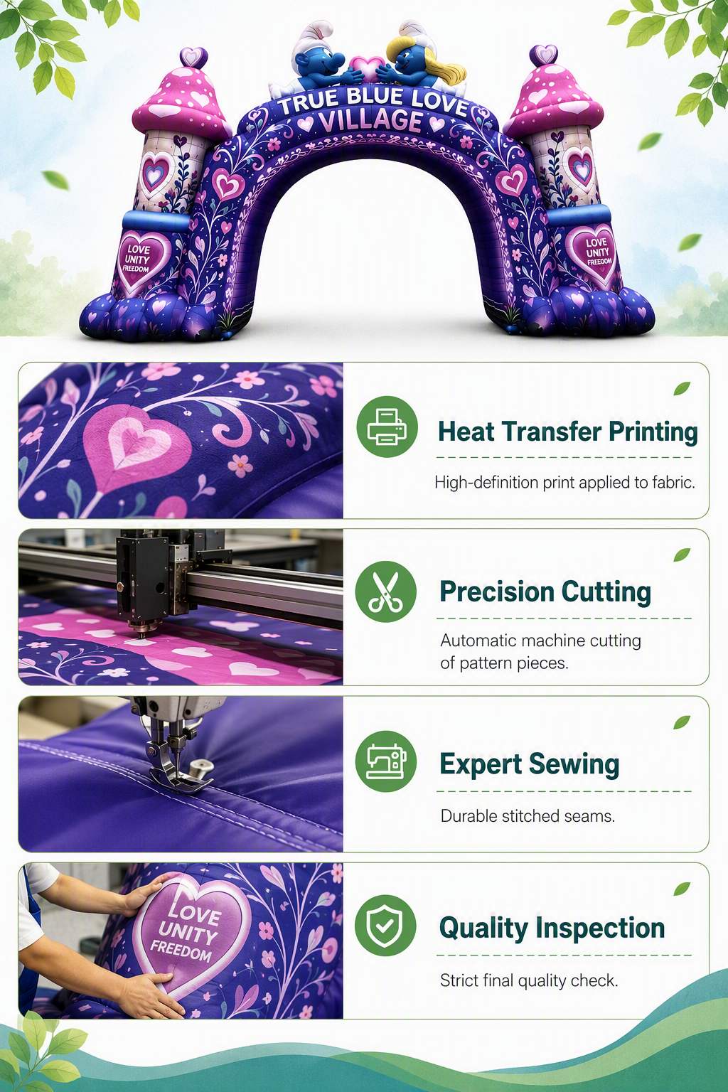 Commercial Grade Custom Print Inflatable Arch with Heart Motif for Valentine Theme Park Brand Activation
