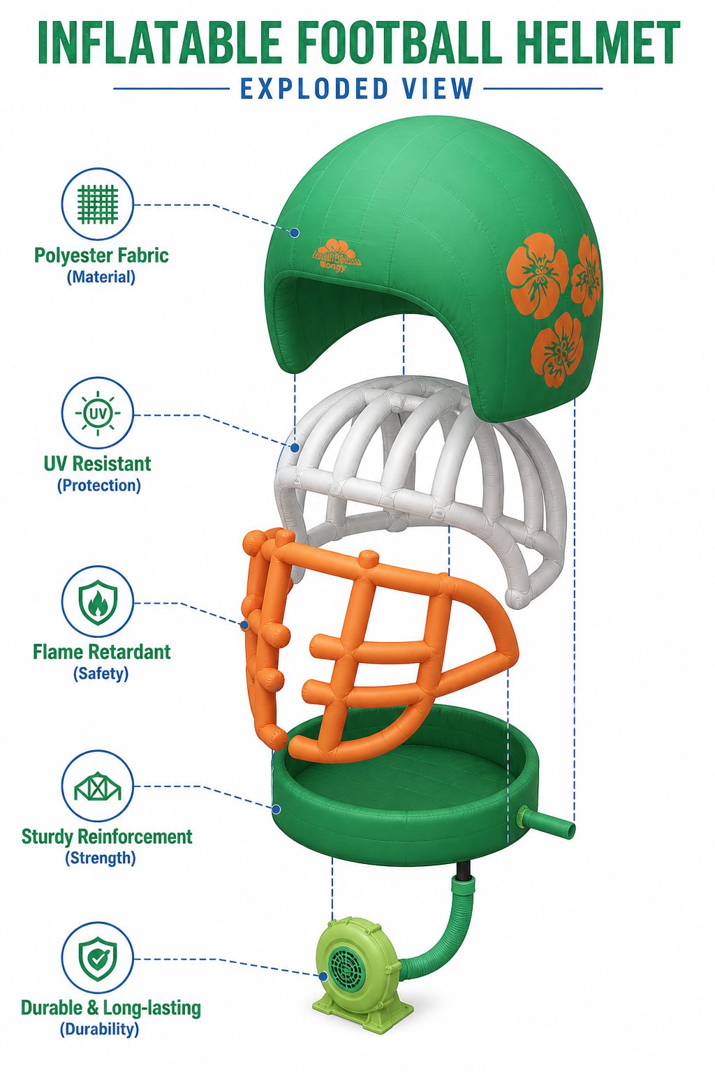 Giant Green Orange Football Helmet Inflatable with Multi Bar Facemask for School Team Game Day Outdoor Decoration插图6 Giant Green Orange Football Helmet Inflatable with Multi Bar Facemask for School Team Game Day Outdoor Decoration