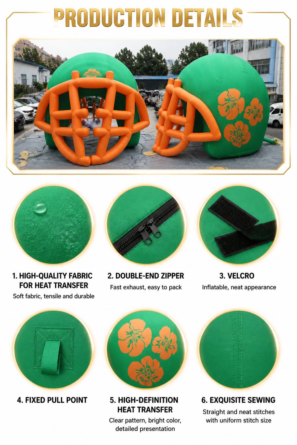 Giant Green Orange Football Helmet Inflatable with Multi Bar Facemask for School Team Game Day Outdoor Decoration插图7 Giant Green Orange Football Helmet Inflatable with Multi Bar Facemask for School Team Game Day Outdoor Decoration