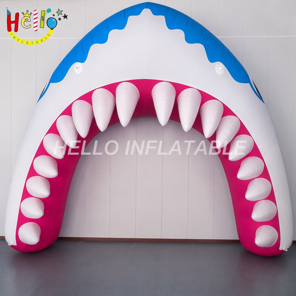 Giant Blue White Shark Mouth Inflatable Entrance Arch with 3D Teeth for Football Basketball Team Game Day Run Through Inflatable Sports Tunnels