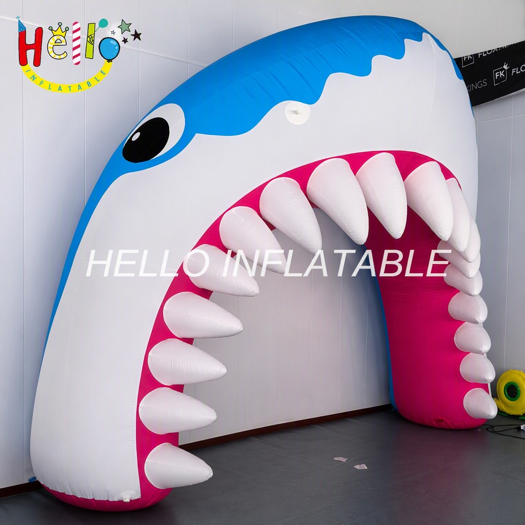 Giant Blue White Shark Mouth Inflatable Entrance Arch with 3D Teeth for Football Basketball Team Game Day Run Through Inflatable Sports Tunnels