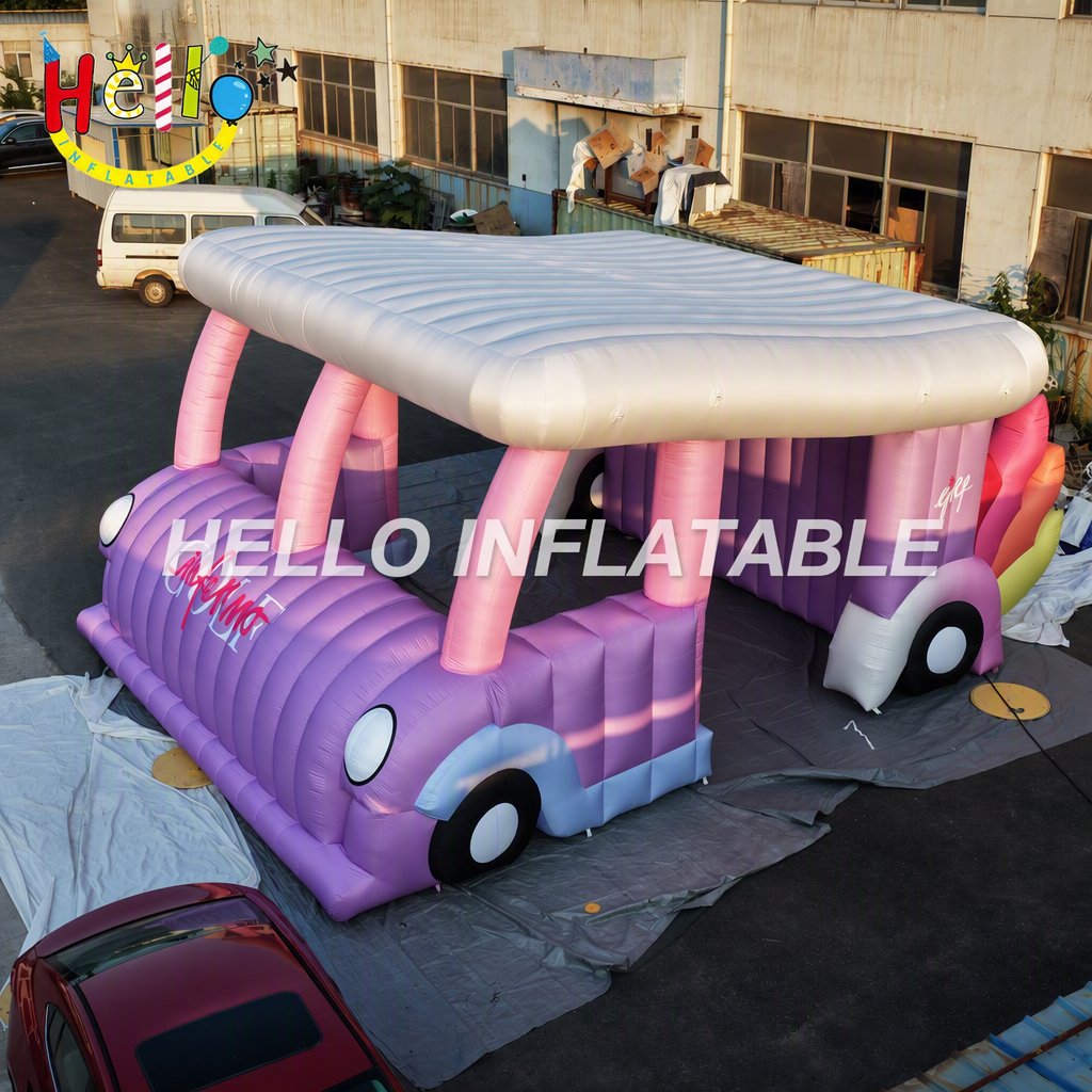 Giant Pink Cartoon Bus Style Inflatable Playhouse with Colorful Flame Tail for Kids Theme Park Carnival Inflatable House