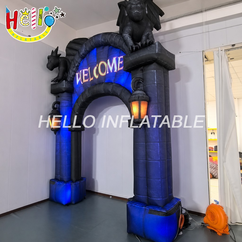 Giant Gothic Halloween Arch Inflatable with Gargoyles Glowing Lanterns for Haunted House Entrance Party Decoration Halloween Inflatable Decoration