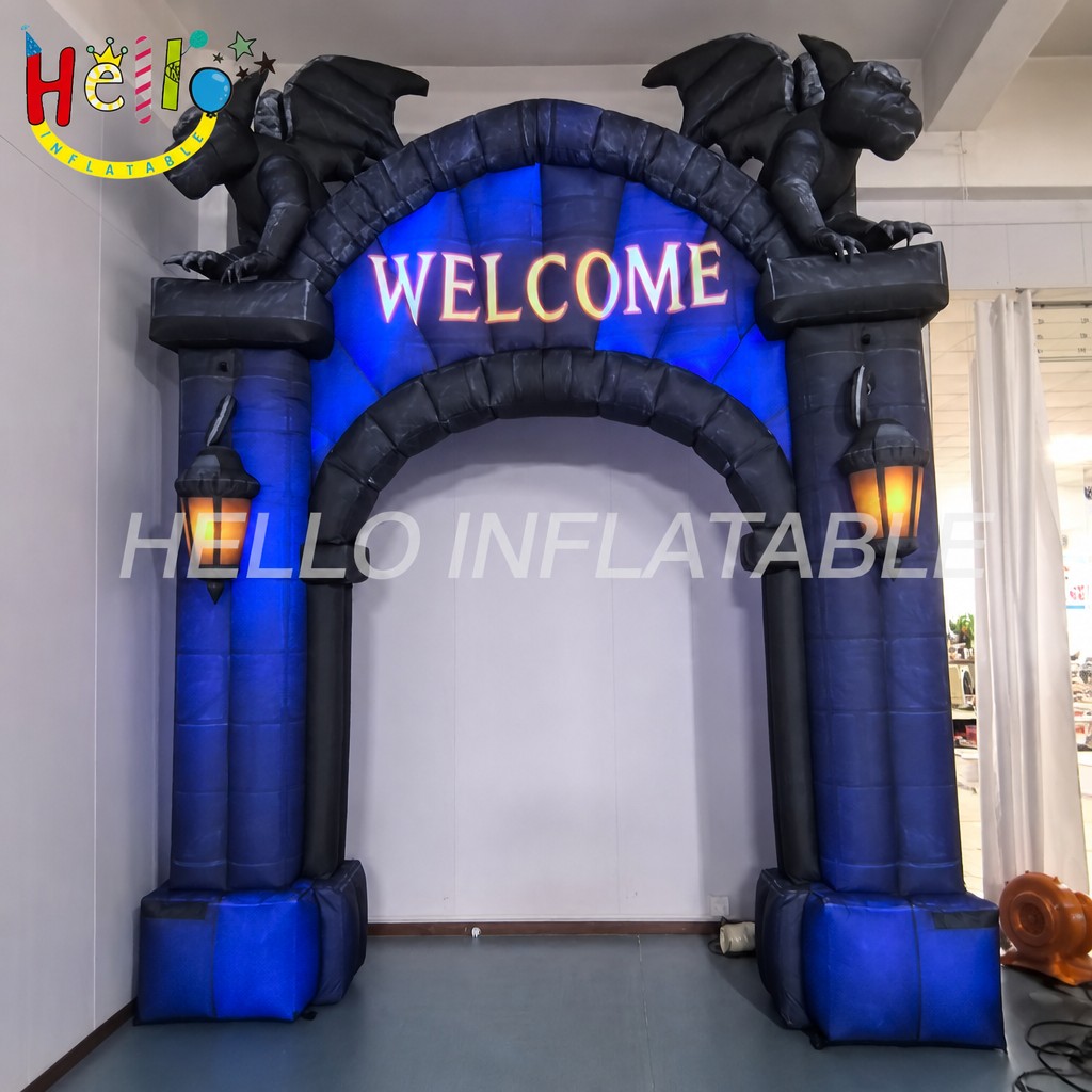 Giant Gothic Halloween Arch Inflatable with Gargoyles Glowing Lanterns for Haunted House Entrance Party Decoration Halloween Inflatable Decoration