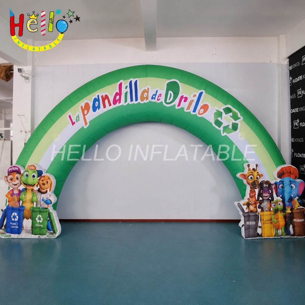 Giant Cartoon Characters Recycling Arch Inflatable with Drilo Dinosaur for Kids Environmental Education Campaign Advertising Inflatables