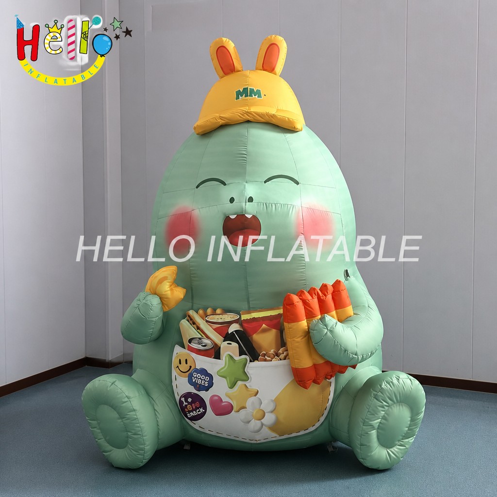 Giant Cute Mint Green Cartoon Snack Mascot Inflatable with Baseball Cap Belly Pouch for Outdoor Decoration插图 Giant Cute Mint Green Cartoon Snack Mascot Inflatable with Baseball Cap Belly Pouch for Outdoor Decoration