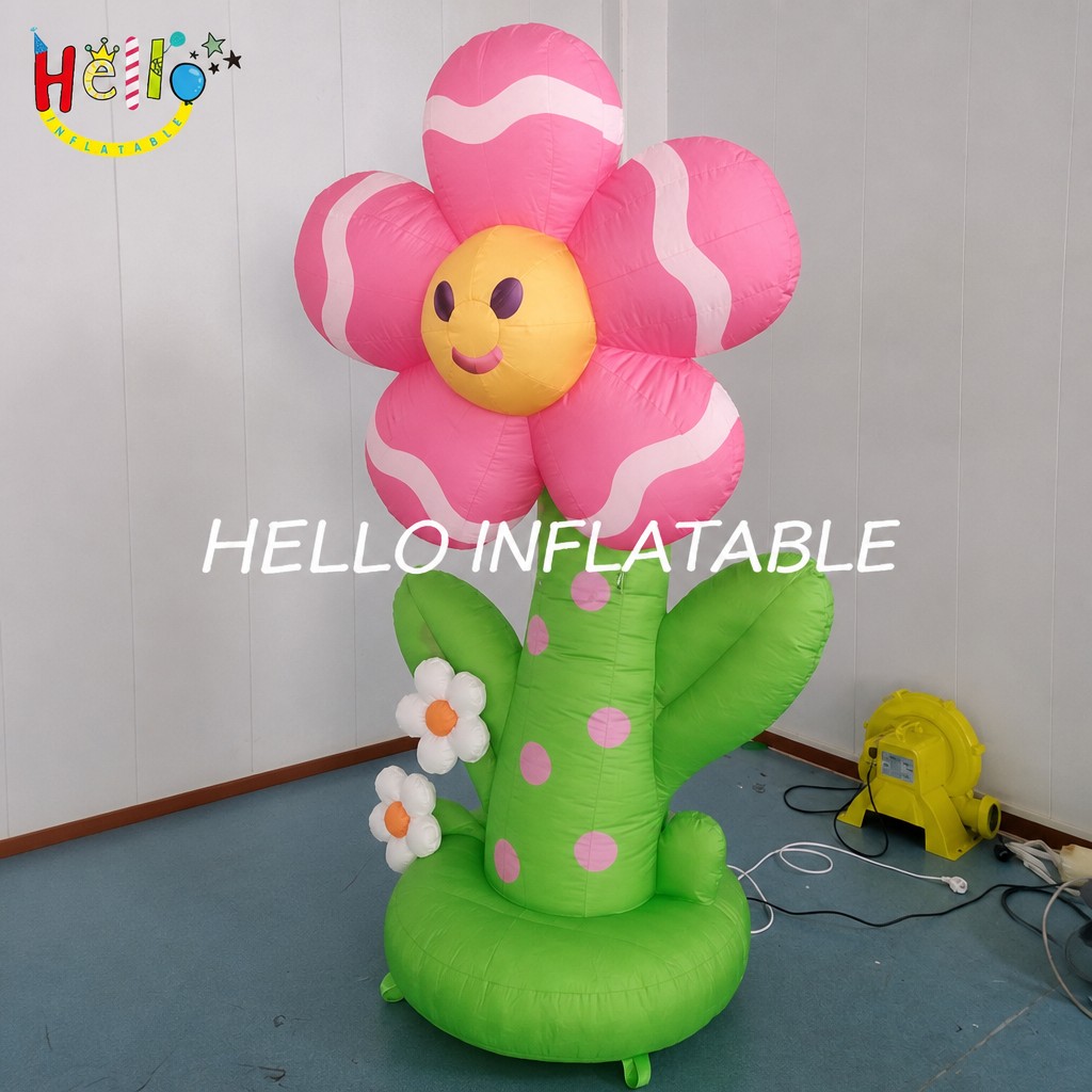 Giant Cute Cartoon Flower Inflatable with White Stripe Petals Smiley Face for Outdoor Garden Spring Theme Decoration