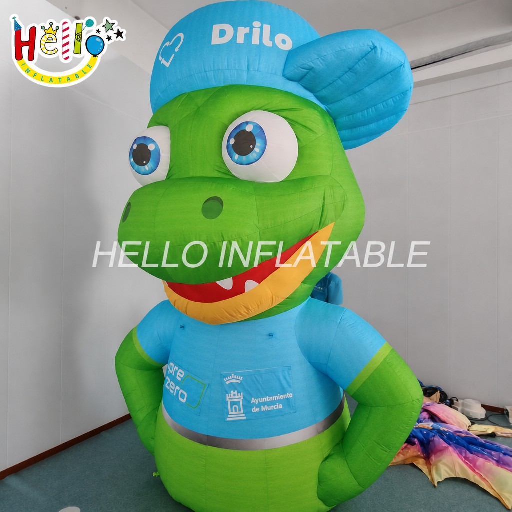 Giant Cute Green Dinosaur Mascot Inflatable with Baseball Cap Smiley Face for Outdoor Environmental Campaign Decoration